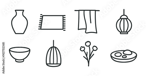 Obraz na płótnie Asian culture icon set – outline style symbols for traditional heritage and decor: vase, rug, towel, lantern, bowl, blossom, zen garden w salonie