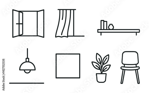 Home and interior design icon set – line style furniture and decor symbols for modern living spaces, minimalist architecture, and room styling: window, curtain, shelf, lamp, frame, plant, chair