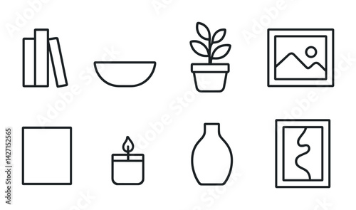 Home decor icon set – outline style interior design and furnishing symbols for aesthetic transformations, modern living: bookshelf, bowl, plant, artwork, candle, vase, picture frame