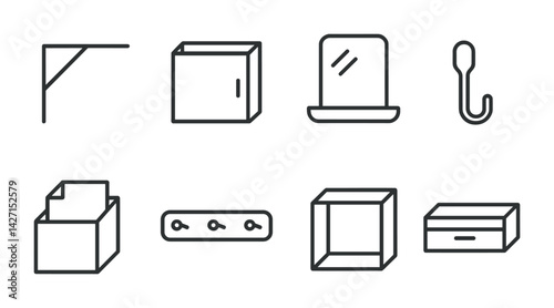 Home organization icon set – outline style decluttering and storage symbols for space utilization, home decor, and interior design: shelf, mirror, hook, box, drawer, wardrobe, coat rack