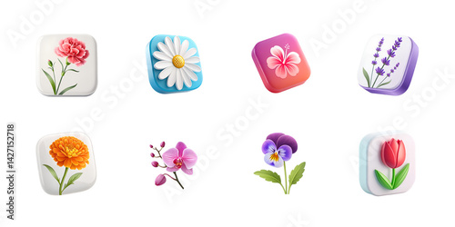 Vibrant 3D Rendered Flower Icons Set in Glossy Minimalist Style with Transparent Background and Soft Shadows for Modern UI and Digital Art Design


