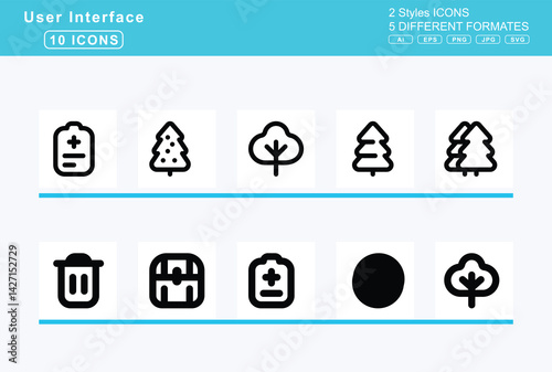 Set of 5 solid user interface icons,trash, restore, slash, undo, xmark