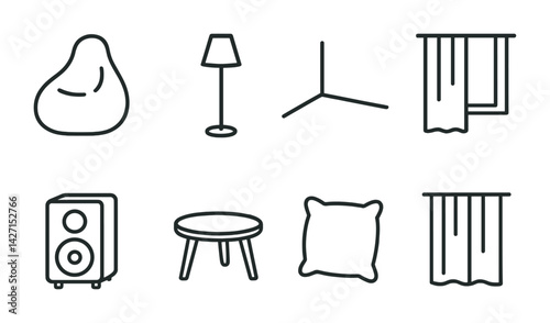 Home decor outline icons set – minimalistic interior design, living space styling symbols for modern home aesthetics: bean bag, floor lamp, corner rug, curtains, speaker, coffee table, pillow