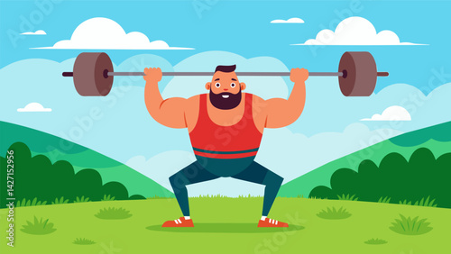 A weightlifter confidently performing a lift in a grassy meadow their intense concentration and physical strength evident in every muscle of their. Vector illustration
