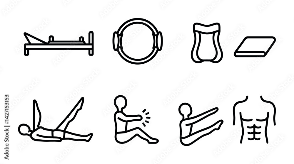 Pilates and fitness icon set – linear style exercise and wellness symbols for health, yoga, and gym: reformer, magic circle, mat, core strength, stretch, abs