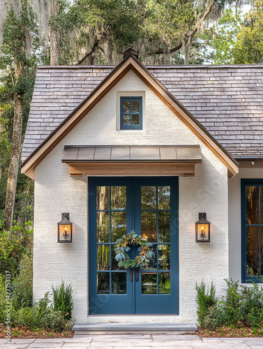 modern farmhouse in Florida with front door and windows, small blue door with a sconce on each side.
