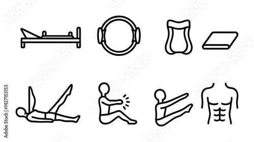 Obraz na płótnie Pilates and fitness icon set – linear style exercise and wellness symbols for health, yoga, and gym: reformer, magic circle, mat, core strength, stretch, abs w salonie