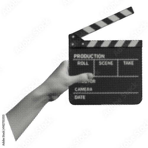 hand holding clapperboard isolated retro halftone dotted cut-out collage element for mixed media design
