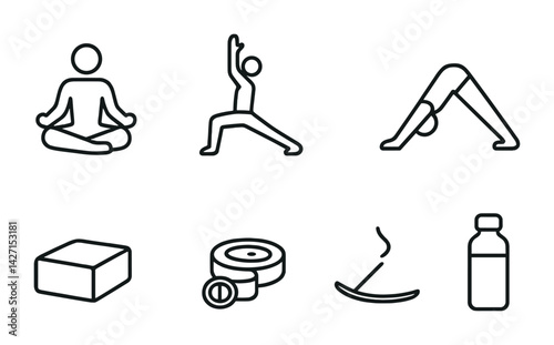 Yoga and wellness icon set – outline style meditation and fitness symbols for mindfulness, exercise, and tranquility: lotus pose, warrior pose, downward dog, yoga block, resistance bands, incense,