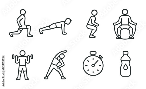 Fitness and exercise icon set – linear style workout and training symbols for health and gym: lunges, plank, squats, jump rope, weights, stretching, stopwatch, water bottle