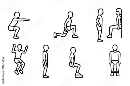 Fitness exercise icon set – outline style workout and training symbols for physical health: squat, lunge, step-up, box jump, wall sit, seated calf raise
