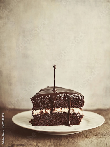 
Vintage chocolate cake drizzle captured in retro dessert photography