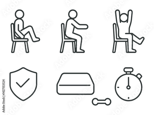 Senior fitness exercise icon set – line style workout and health symbols for active aging: chair exercises, flexibility, balance, strength, safety, timer
