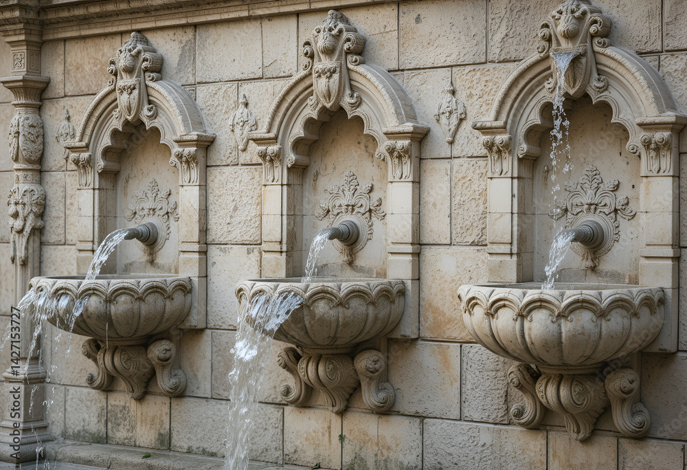 Fototapeta premium Exquisite Carved Stone Fountains with Flowing Water: Ornate Architectural Detail, Historical Craftsmanship, Tranquil Water Feature, Elegant Stone Carvings, Decorative Basins, Sculpted Floral Motifs, 
