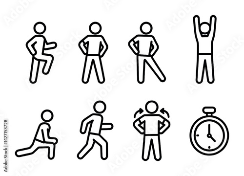Fitness and exercise outline icon set – active lifestyle and workout symbols for gym sessions, training, and physical health: warm-up, stretching, running, stopwatch, lunges, jumping jacks,