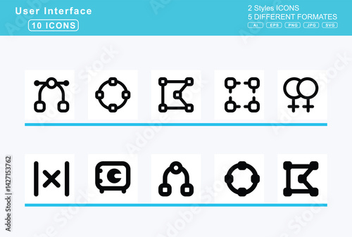 Set of 5 solid user interface icons,user, time, visor, utensils, v, value, absolute