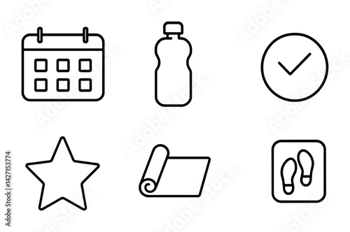 Fitness and wellness outline icons set – line style health, exercise, self-care graphics for active living: calendar, water bottle, clock, star, yoga mat, scale
