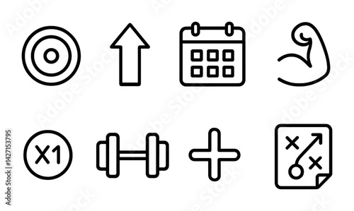 Fitness and workout linear icon set – outline style exercise and gym symbols for training goals, progress tracking: target, arrow, calendar, bicep, dumbbell, add, strategy