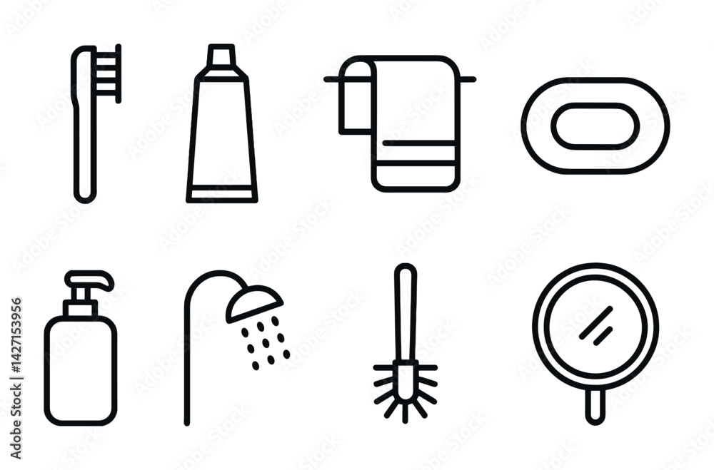 Bathroom essentials icon set – outline style hygiene and personal care symbols for home and spa: toothbrush, toothpaste, towel, soap, shampoo, shower, toilet brush, mirror Bathroom essentials icon set – outline style hygiene and personal care symbols for home and spa: toothbrush, toothpaste, towel, soap, shampoo, shower, toilet brush, mirror