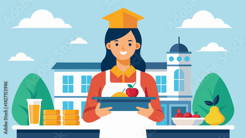 An ambitious student starts a meal prep service for busy students on campus using her culinary skills to earn money for her education and help her. Vector illustration