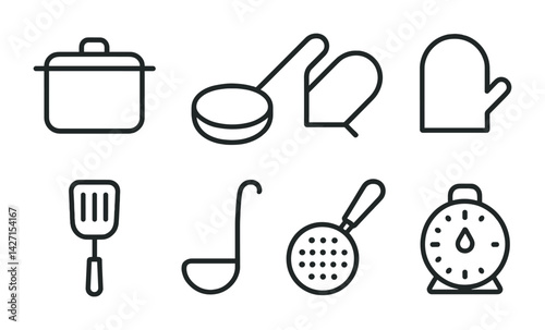 Kitchen utensils icon set - silhouette style culinary and cooking tools for chefs and home cooks: pot, ladle, oven mitt, spatula, slotted spoon, timer, saucepan