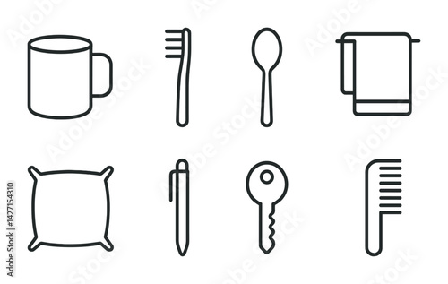 Bathroom and bedroom essentials icon set – outline style everyday household symbols for home organization and daily routines: mug, toothbrush, spoon, towel, pillow, pen, key, comb