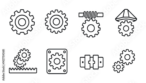 Mechanical engineering icon set – outline style machinery and device symbols for technical design, manufacturing, and industry: gear, cog, axle, chain, pulley, rack