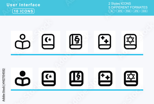 Set of 5 solid user interface icons,book, copy, dead, font, bookmark, slash