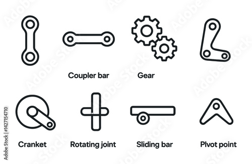 Mechanical engineering icon set – outline style tools and machinery symbols for technical design, prototyping, and engineering: coupler bar, gear, cranket, rotating joint, sliding bar, pivot point