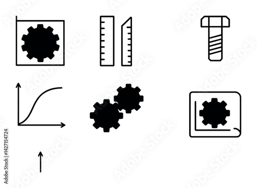 Engineering tools icon set – outline style symbols for technical design, drafting, and construction projects: gear, ruler, bolt, graph, diagram, compass, blueprint