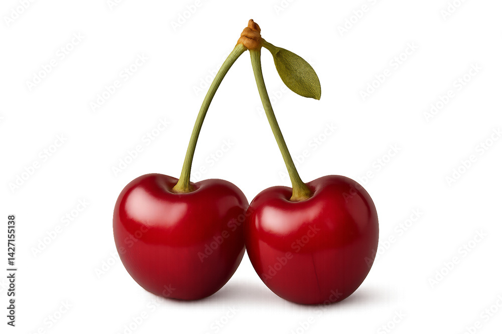 Fresh Red Cherries Hanging on Green Stems Ready for Harvest in Summer Fresh Red Cherries Hanging on Green Stems Ready for Harvest in Summer