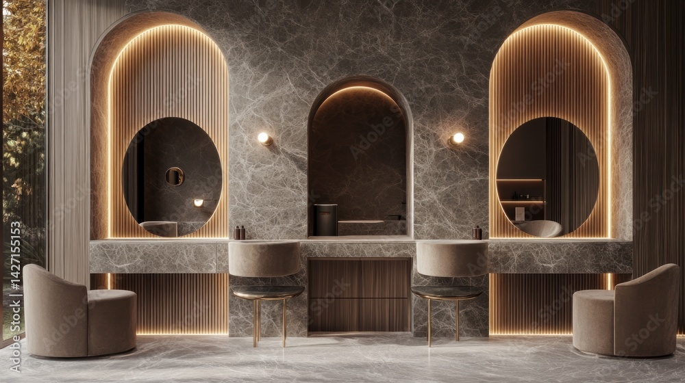 Fototapeta premium Modern, luxurious vanity area with arched alcoves.