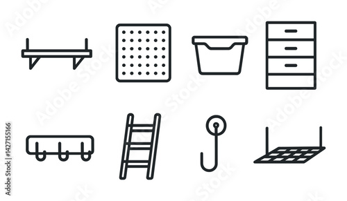 Storage solutions icon set – linear style space organization and home management symbols for decluttering, maximizing spaces, and efficient storage: shelf, basket, drawer, hook, ladder, rack,