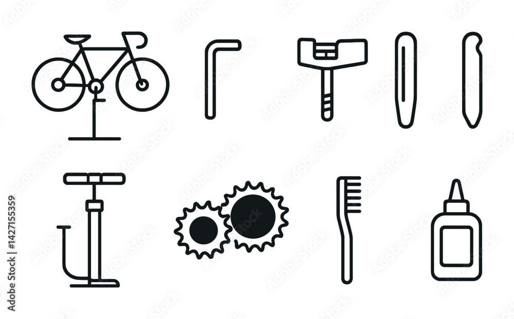 Fototapeta premium Bicycle repair tools icon set – outline style maintenance and cycling symbols for bike servicing, mechanical repairs, gear adjustments: wrench, pump, gears, lube, allen key, tire lever, patch kit