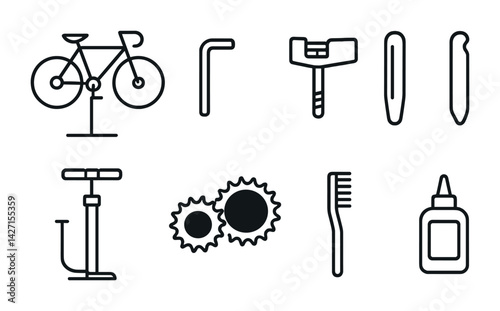 Bicycle repair tools icon set – outline style maintenance and cycling symbols for bike servicing, mechanical repairs, gear adjustments: wrench, pump, gears, lube, allen key, tire lever, patch kit