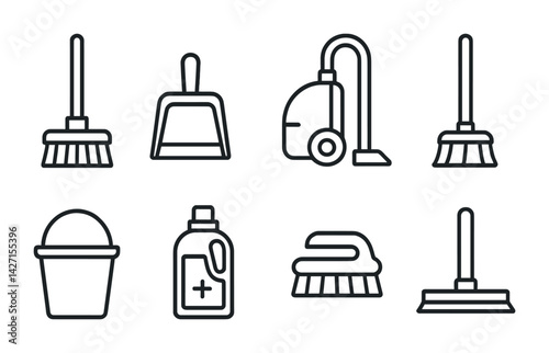 Cleaning equipment icon set – outline style home maintenance and sanitation symbols: broom, mop, dustpan, vacuum, bucket, detergent, scrub brush, squeegee