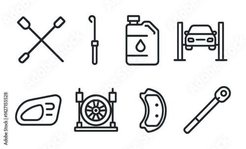 Automotive repair tools icon set – outline style mechanic and garage symbols for vehicle maintenance, car repair, and workshop: wrench, tow hook, oil can, car lift, brake pad, dipstick, tire