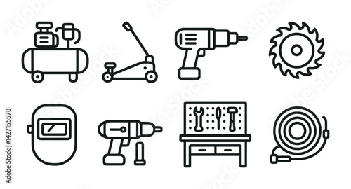 Workshop tools icon set – outline style for diy, trades, and engineering projects: air compressor, lawnmower, drill, circular saw, welding mask, workbench, measuring tape