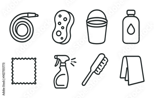 Cleaning tools linear icons set – outline style for household maintenance and sanitation: sponge, bucket, brush, spray bottle, towel, cloth, hose, soap