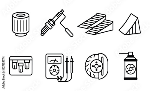 Automotive maintenance tools icon set – outline style vehicle repair and service symbols for mechanics, garages, and diy enthusiasts: oil filter, spark plug, paint roller, ramps, wheel chocks,