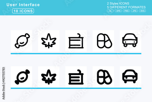 Set of 5 solid user interface icons,candle, holder, candy, cane, corn