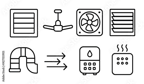 Hvac systems icon set – outline style heating and cooling symbols for climate control, ventilation, and air conditioning: vent, ceiling fan, exhaust fan, duct, humidifier, heater