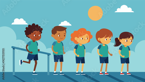 As the kids line up at the start of the playground obstacle course the glint of their fitness trackers catches the sun and adds an extra competitive. Vector illustration
