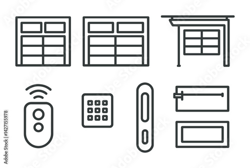 Garage door outline icons set – linear style symbols for smart home access and security: garage, remote, keypad, sensor, sliding, roll-up, sectional