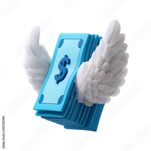 Realistic 3D flying cash with wings on transparent background representing income and growth photo