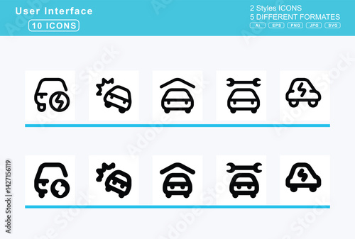 Set of 5 solid user interface icons,caravan, car, battery, bolt, building