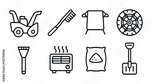 Winter equipment icon set – outline style snow and ice tools for seasonal preparation and safety: snowblower, snowbrush, shovel, salt bag, heater, winter tire