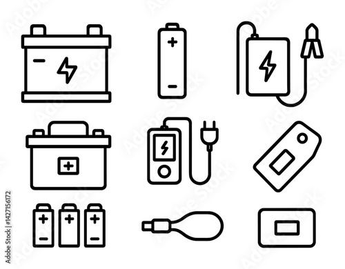 Battery and energy devices icon set – outline style electrical and power symbols for technology and energy solutions: battery, charger, power bank, accumulator, bulb, energy meter