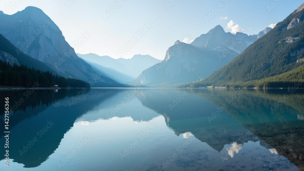 Fototapeta premium Serene mountain lake with reflections.