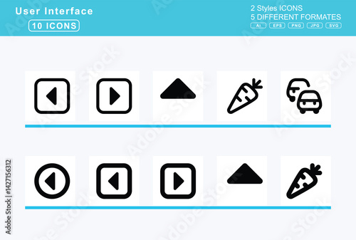 Set of 5 solid user interface icons,caret, square, right, up, car, garage, mechanic, carrot